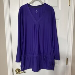 Athleta Women Size Medium Tie Front Purple V-Neck Long Sleeve Slit Tunic Blouse